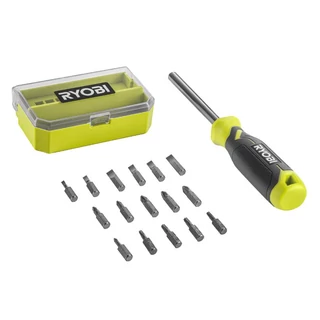 RYOBI 17 db-os csavarhúzó készlete,100 mm-es tömör acél szárral, 1/4&quot;-os mágneses bittartóval, átlátszó tokban.