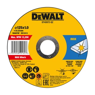 DEWALT DT43972-QZ 125 mm-es vágókorong, rozsdamentes anyagokhoz.