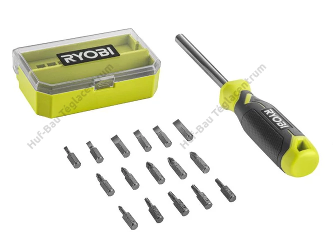 RYOBI 17 db-os csavarhúzó készlete,100 mm-es tömör acél szárral, 1/4&quot;-os mágneses bittartóval, átlátszó tokban.
