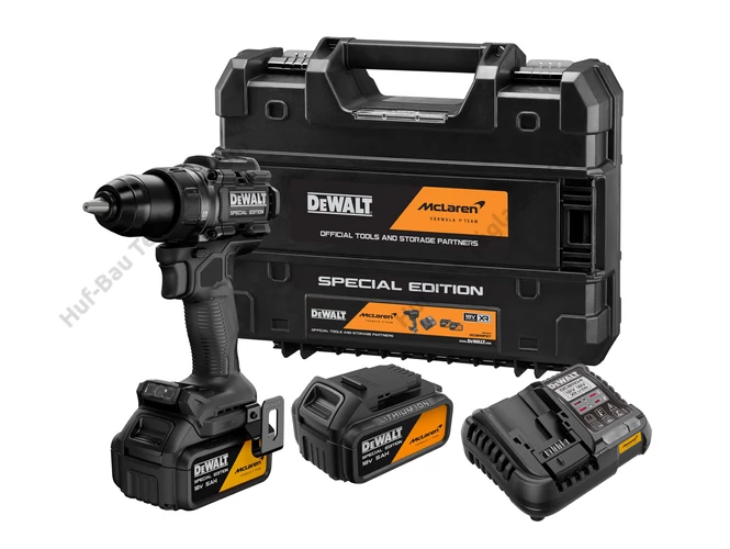 DEWALT DCD81MP2T-QW  McLaren Design fúró-csavarozó, 2 db 5Ah akksival, TSTAK kofferben.