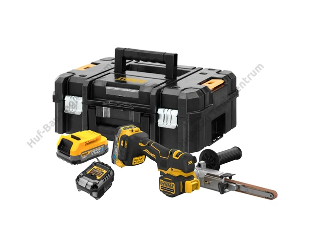 DEWALT DCM200E2T-QW akkumulátoros szalagcsiszoló 2 db akkuval, töltővel, TSTAK kofferben