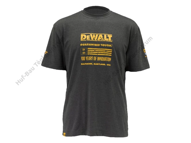 DEWALT 100YEARS logóval ellátott póló, szürke színben.