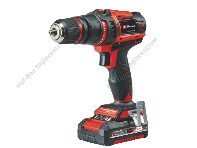 Einhell TE-CD 18/45 akkus fúró-csavarozó szett, 1 db 2.0 Ah-s akkuval, töltővel és 3 tartozék fejjel (normál, derékszög és excenter fej), kofferben.