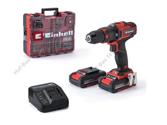 Einhell TE-CD 18/40 18V-os Li-i akkus fúró-csavarozó szett, 2 x 2 Ah akkuval, töltővel és 64 db tartozékszettel kofferben. Bruttó: [PRICE]