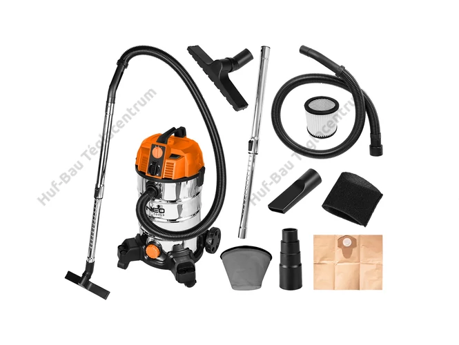 Neo Tools Inox száraz/vizes ipari porszívó, 1600W/18KPa teljesítménnyel.